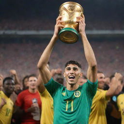 Achraf Hakimi jubilantly holding the African Cup trophy after a victory. He's in a vibrant football gear, the crowd behind him is exploding with joy, flashes of cameras and the brilliant stadium lights illuminate the scene.