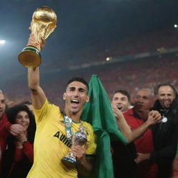 Achraf Hakimi jubilantly holding the African Cup trophy after a victory. He's in a vibrant football gear, the crowd behind him is exploding with joy, flashes of cameras and the brilliant stadium lights illuminate the scene.