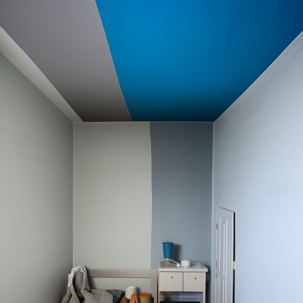 A room with walls painted halfway up in grey and blue above.