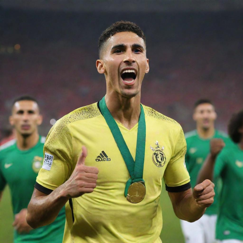 Achraf Hakimi jubilantly holding the African Cup trophy after a victory. He's in a vibrant football gear, the crowd behind him is exploding with joy, flashes of cameras and the brilliant stadium lights illuminate the scene.