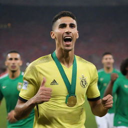 Achraf Hakimi jubilantly holding the African Cup trophy after a victory. He's in a vibrant football gear, the crowd behind him is exploding with joy, flashes of cameras and the brilliant stadium lights illuminate the scene.