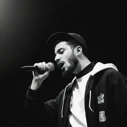 An illustration of Ali Sorena, Iranian rapper, performing onstage with a microphone in a black and white style.