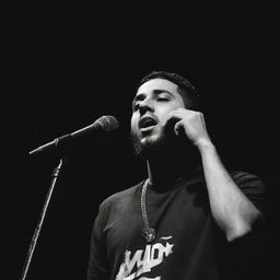 An illustration of Ali Sorena, Iranian rapper, performing onstage with a microphone in a black and white style.