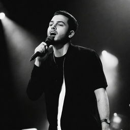 An illustration of Ali Sorena, Iranian rapper, performing onstage with a microphone in a black and white style.