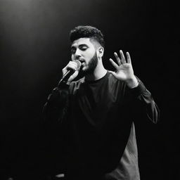 An illustration of Ali Sorena, Iranian rapper, performing onstage with a microphone in a black and white style.