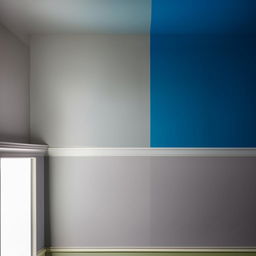 A room with walls painted halfway up in grey and blue above.