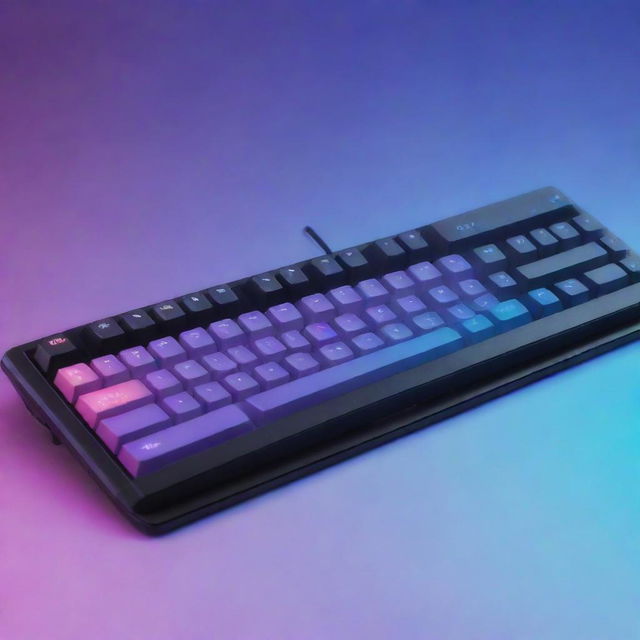 Create a standout Twitch offline banner with a gaming keyboard in the background, along with a cool colored gradient overlay, and the text 'Stream Offline. Be right back!' prominently in the center.