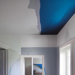 A room with walls painted halfway up in grey and blue above.