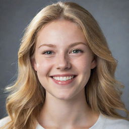 A youthful portrait of a 20-year-old woman with golden blonde hair, fair skin, and a confident smile.