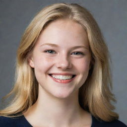 A youthful portrait of a 20-year-old woman with golden blonde hair, fair skin, and a confident smile.