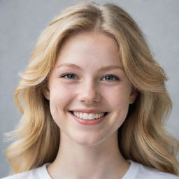 A youthful portrait of a 20-year-old woman with golden blonde hair, fair skin, and a confident smile.