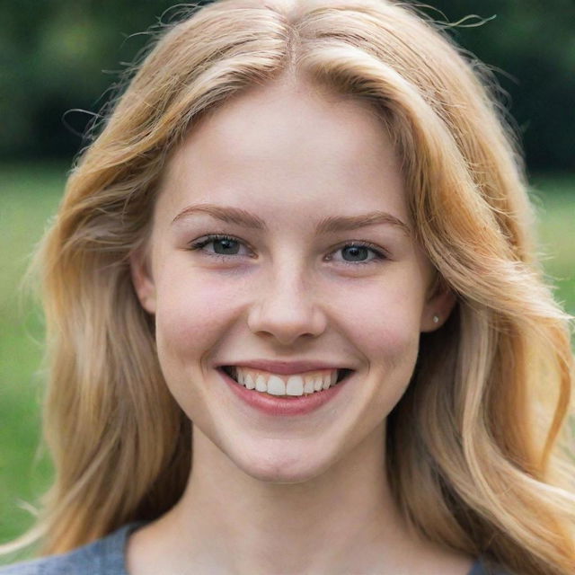 A youthful portrait of a 20-year-old woman with golden blonde hair, fair skin, and a confident smile.