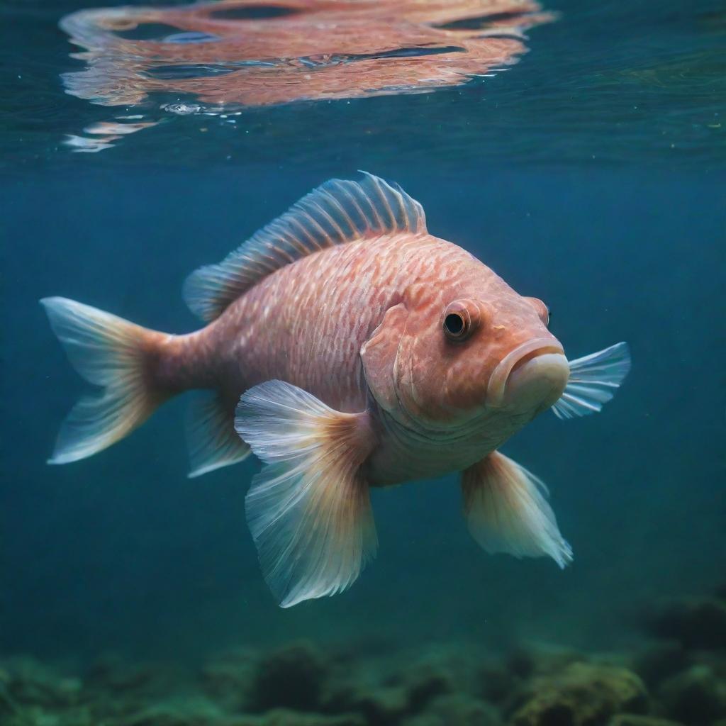 A unique, mystical creature: a fish covered in thick, lush fur swimming gracefully in clear, tranquil water.