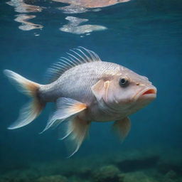 A unique, mystical creature: a fish covered in thick, lush fur swimming gracefully in clear, tranquil water.