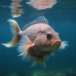 A unique, mystical creature: a fish covered in thick, lush fur swimming gracefully in clear, tranquil water.