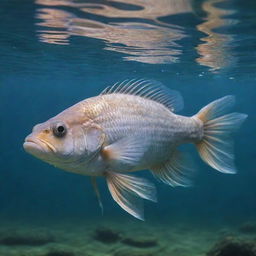 A unique, mystical creature: a fish covered in thick, lush fur swimming gracefully in clear, tranquil water.