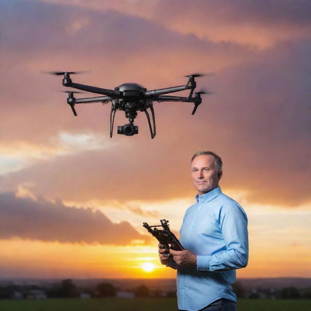 An experienced photographer holding a high-tech helishot drone, ready to take an aerial shot. The background is a vivid sunset with scattered clouds.