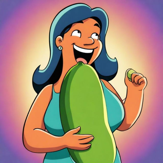 An image of a significantly large, cartoon-style female character enjoying a cucumber