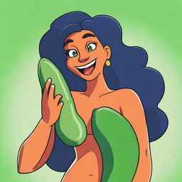 An image of a significantly large, cartoon-style female character enjoying a cucumber