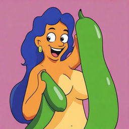 An image of a significantly large, cartoon-style female character enjoying a cucumber