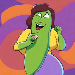 An image of a significantly large, cartoon-style female character enjoying a cucumber