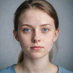 A portrait of a confident 20-year-old woman with fair skin and expressive eyes.