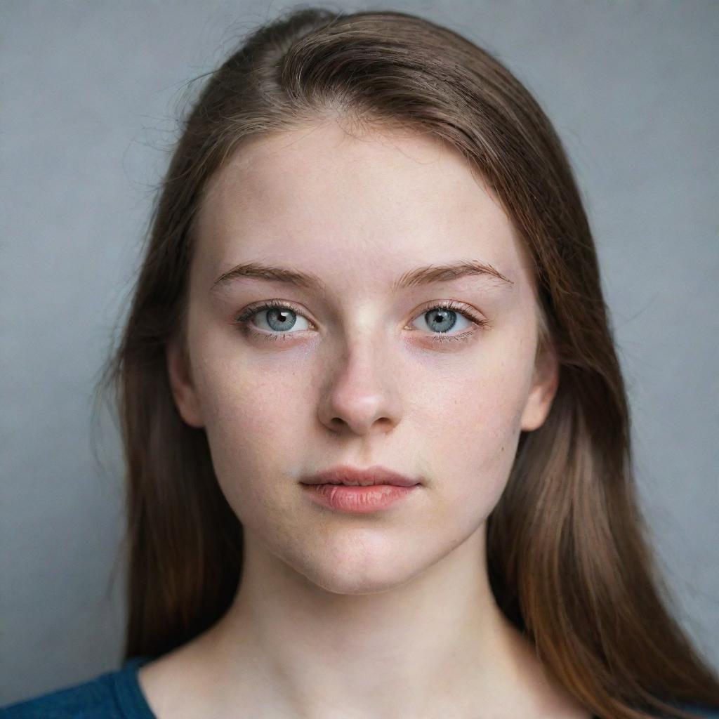 A portrait of a confident 20-year-old woman with fair skin and expressive eyes.