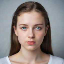 A portrait of a confident 20-year-old woman with fair skin and expressive eyes.