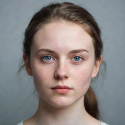 A portrait of a confident 20-year-old woman with fair skin and expressive eyes.