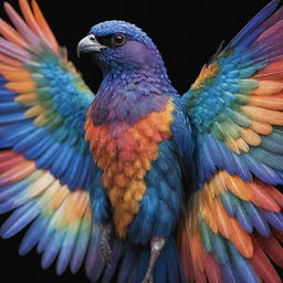 A bird-covered in shimmering scales instead of feathers, with majestic wings and bright vibrant colors