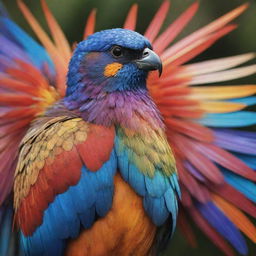 A bird-covered in shimmering scales instead of feathers, with majestic wings and bright vibrant colors