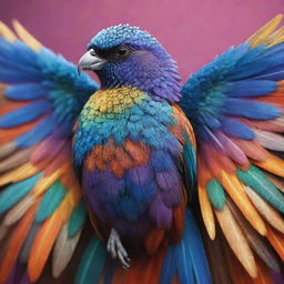 A bird-covered in shimmering scales instead of feathers, with majestic wings and bright vibrant colors