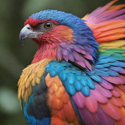 A bird-covered in shimmering scales instead of feathers, with majestic wings and bright vibrant colors