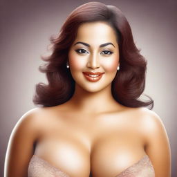 A digital art image of a beautiful human woman with a curvaceous figure, notably large breasts