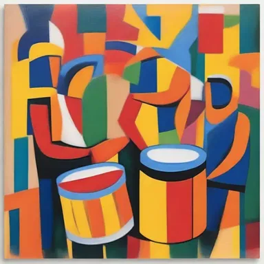 The abstract painting depicted a vibrant scene with colorful tambour drums, symbolizing the rhythm and energy of the music.
