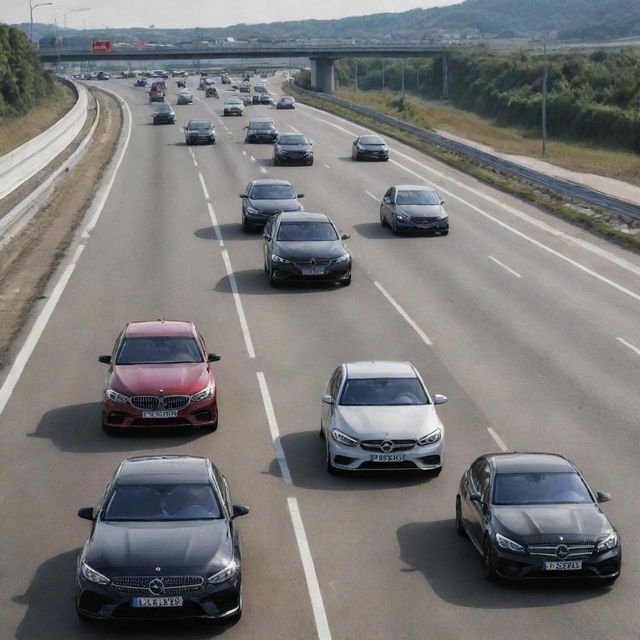 Latest models of BMW and Mercedes cars on a bustling highway