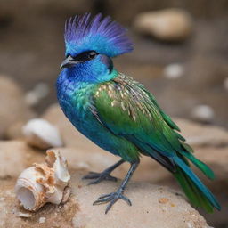 A unique, stunning bird with iridescent feathers incorporated with sea shell fragments and details in its plumage, perched in its natural environment.