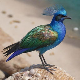 A unique, stunning bird with iridescent feathers incorporated with sea shell fragments and details in its plumage, perched in its natural environment.