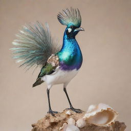 A unique, stunning bird with iridescent feathers incorporated with sea shell fragments and details in its plumage, perched in its natural environment.