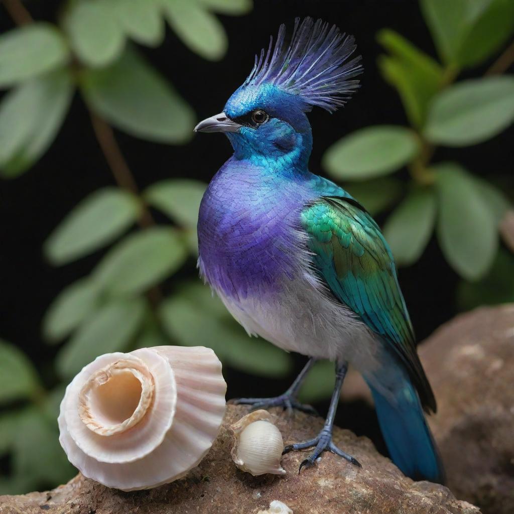 A unique, stunning bird with iridescent feathers incorporated with sea shell fragments and details in its plumage, perched in its natural environment.