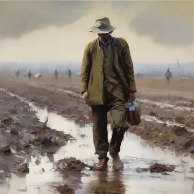 The artist created a captivating painting of a weary traveler footslogging through the muddy fields, capturing the essence of perseverance.