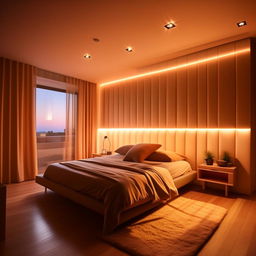 A tastefully decorated bedroom, dimensions 7 feet wide by 15 feet long, modern aesthetic, with functional layout and warm lighting.