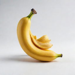 A ripe banana with a vibrant yellow peel on a white background for emphasis.