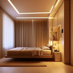 A tastefully decorated bedroom, dimensions 7 feet wide by 15 feet long, modern aesthetic, with functional layout and warm lighting.