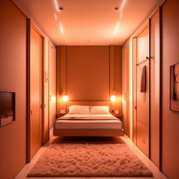 A tastefully decorated bedroom, dimensions 7 feet wide by 15 feet long, modern aesthetic, with functional layout and warm lighting.