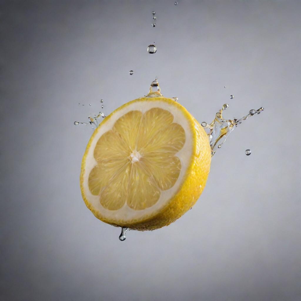 A sliced lemon suspended mid-air with droplets of juice sparkling around it