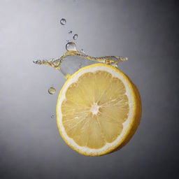 A sliced lemon suspended mid-air with droplets of juice sparkling around it