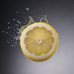 A sliced lemon suspended mid-air with droplets of juice sparkling around it