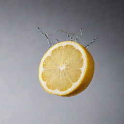 A sliced lemon suspended mid-air with droplets of juice sparkling around it