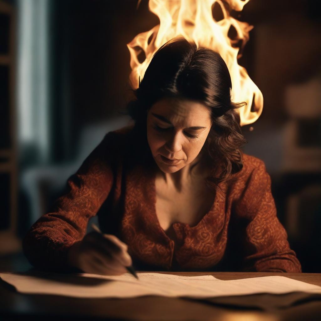 An image of a woman, captured in high resolution, as she sets a letter ablaze